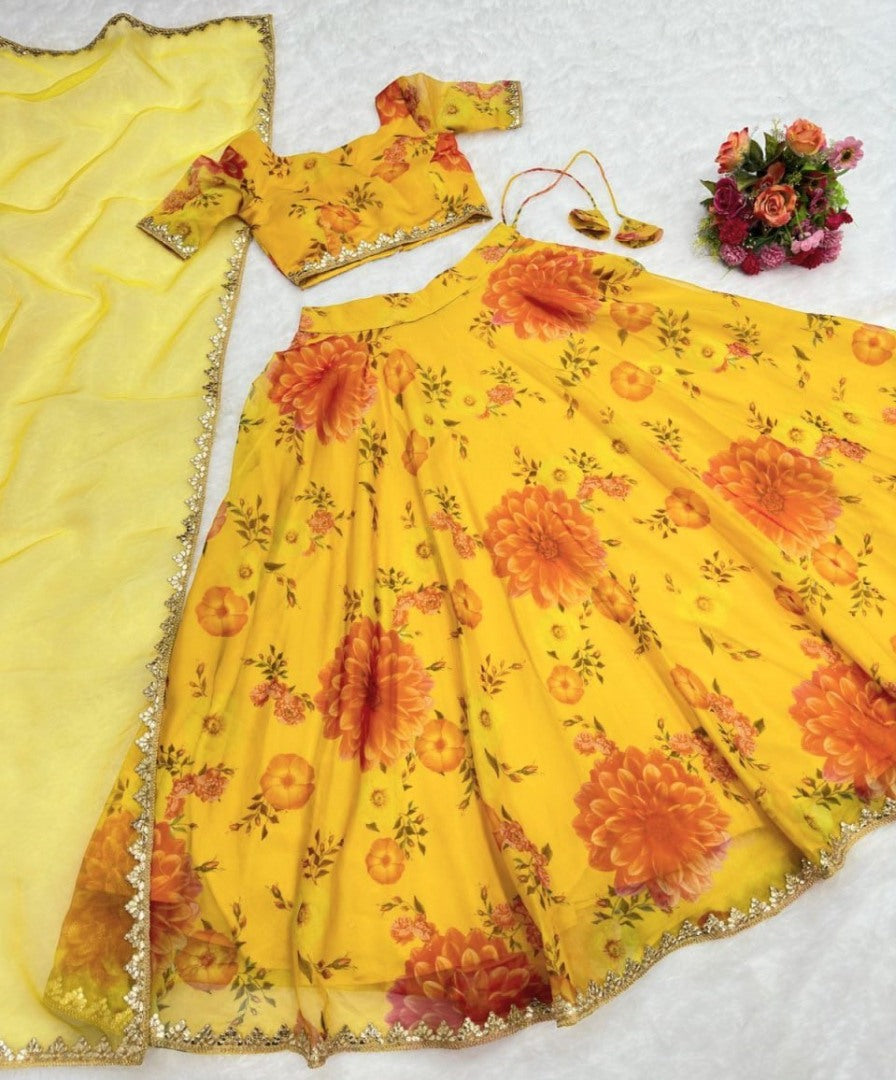 Yellow organza floral printed lehenga choli for haldi ceremony