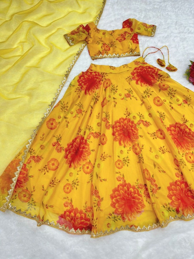 Yellow organza floral printed lehenga choli for haldi ceremony