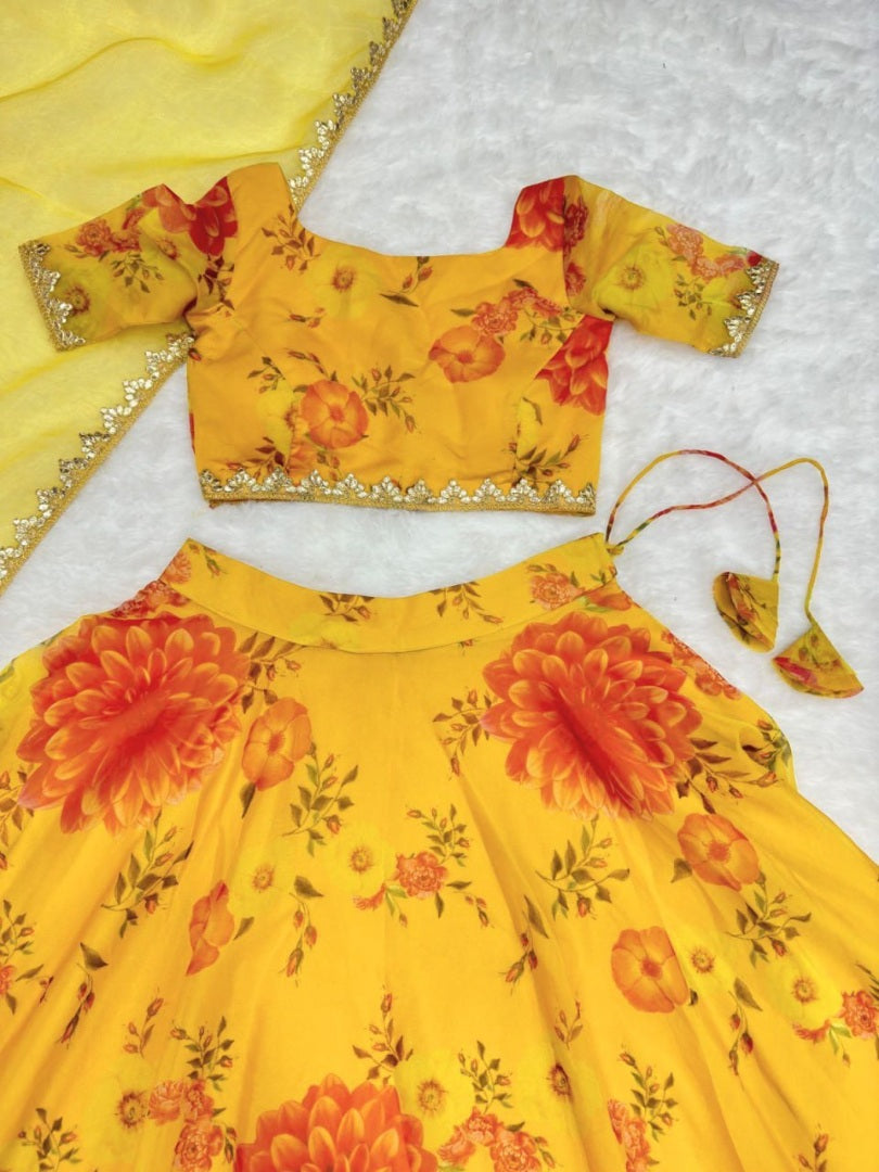 Yellow organza floral printed lehenga choli for haldi ceremony