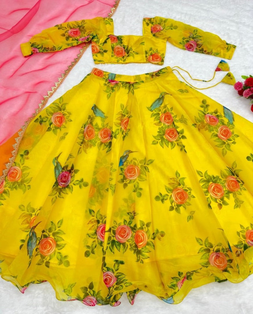 Yellow organza floral printed lehenga choli for haldi ceremony