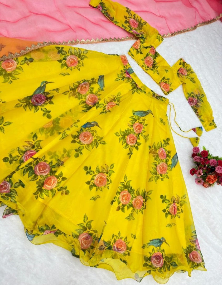 Yellow organza floral printed lehenga choli for haldi ceremony
