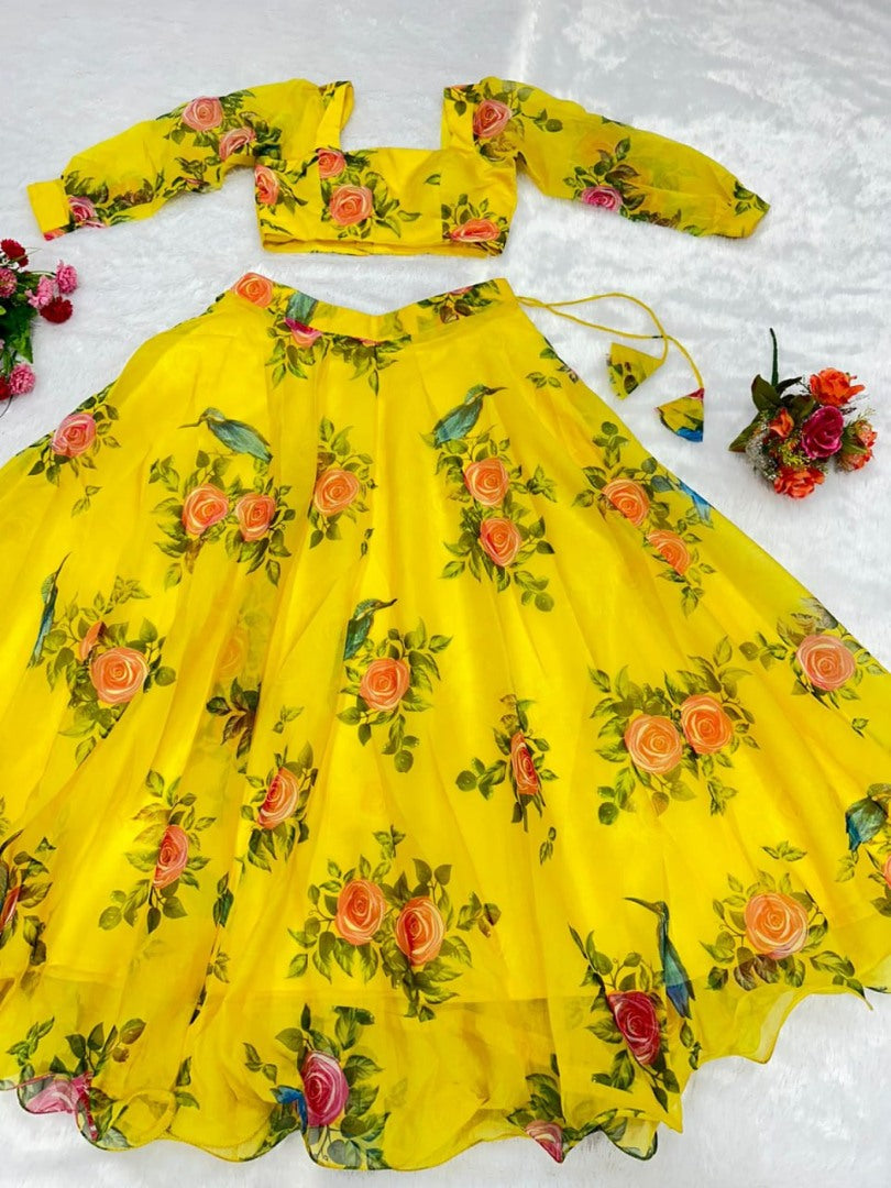 Yellow organza floral printed lehenga choli for haldi ceremony