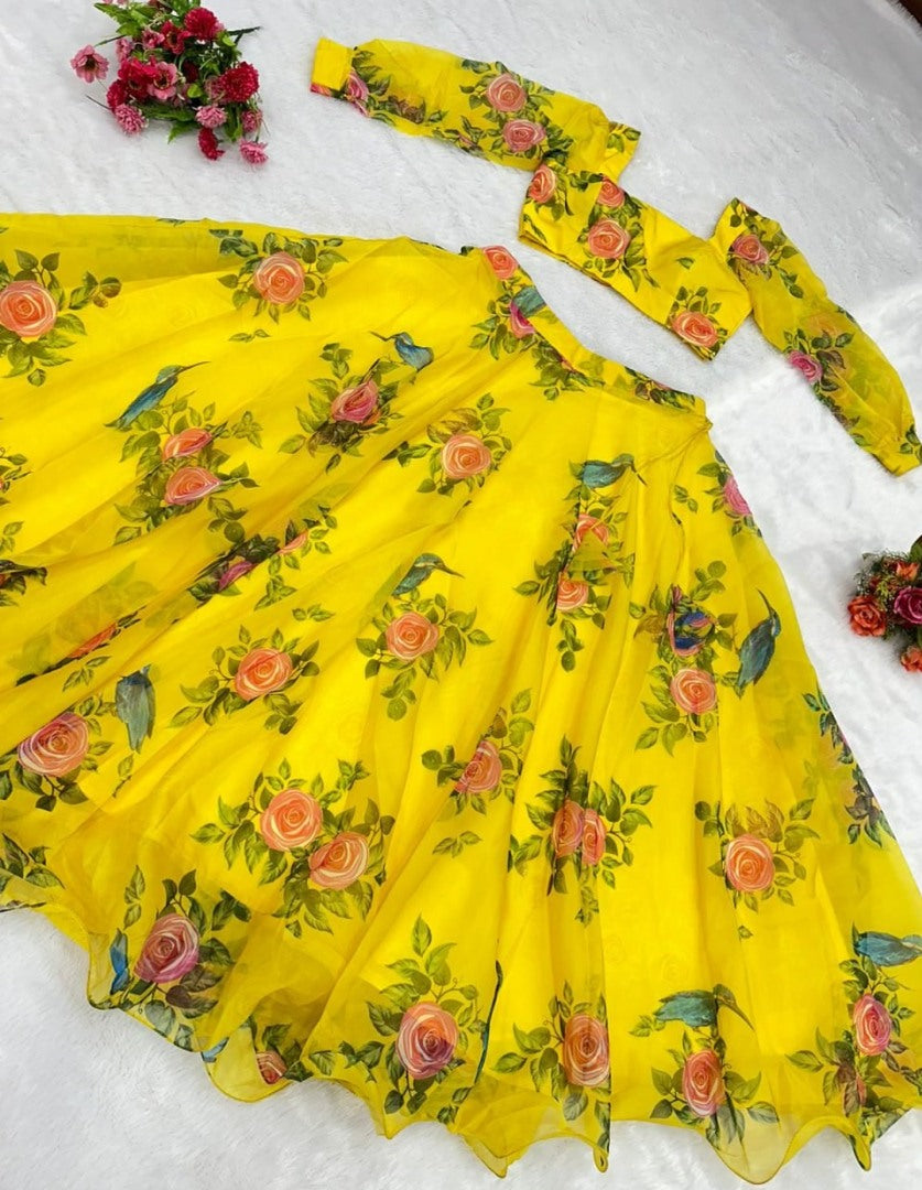 Yellow organza floral printed lehenga choli for haldi ceremony