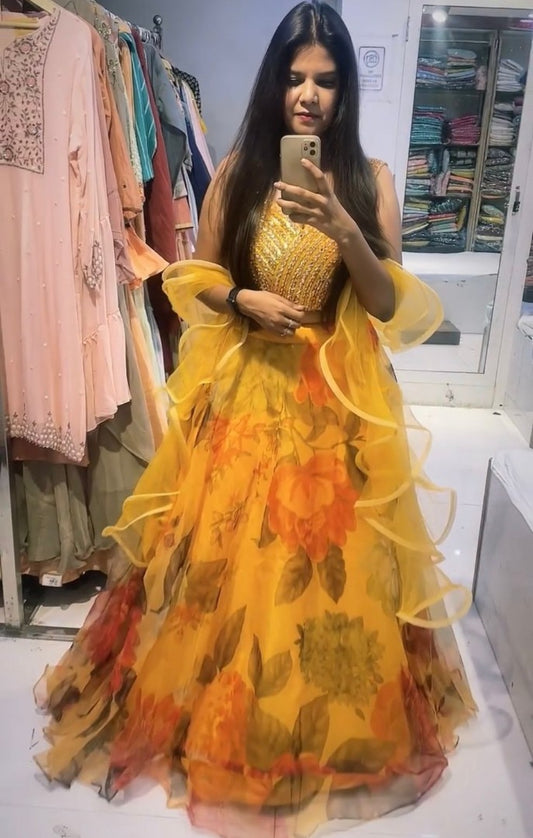 Yellow organza flower printed lehenga choli