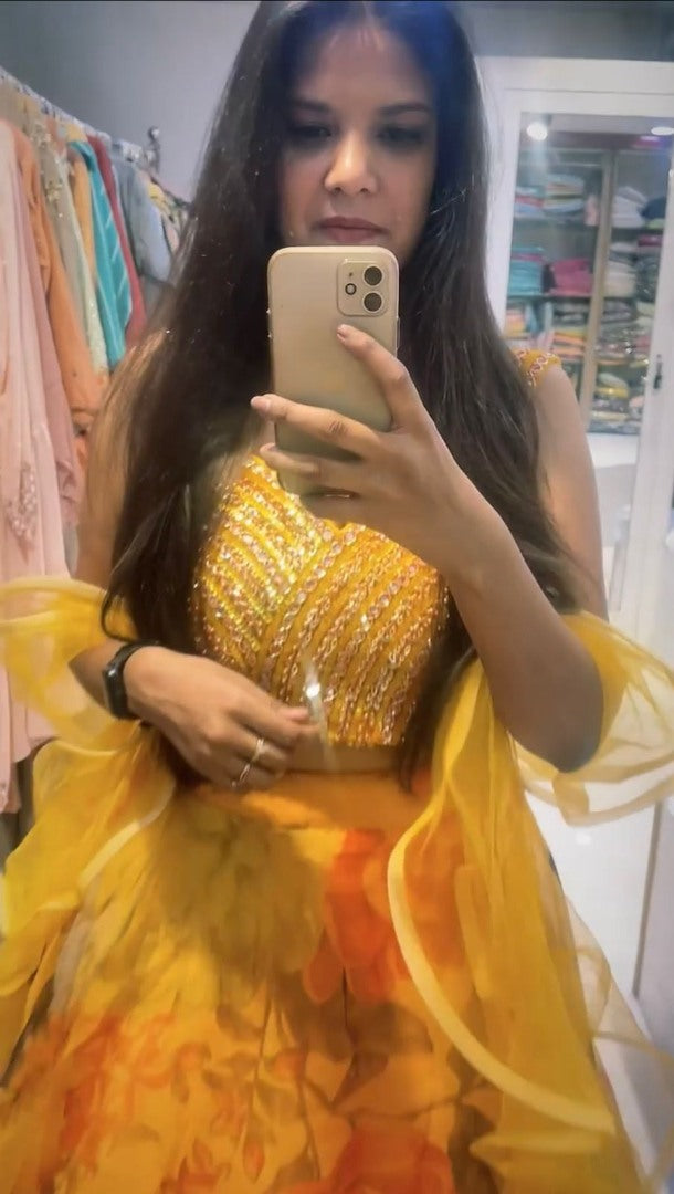 Yellow organza flower printed lehenga choli