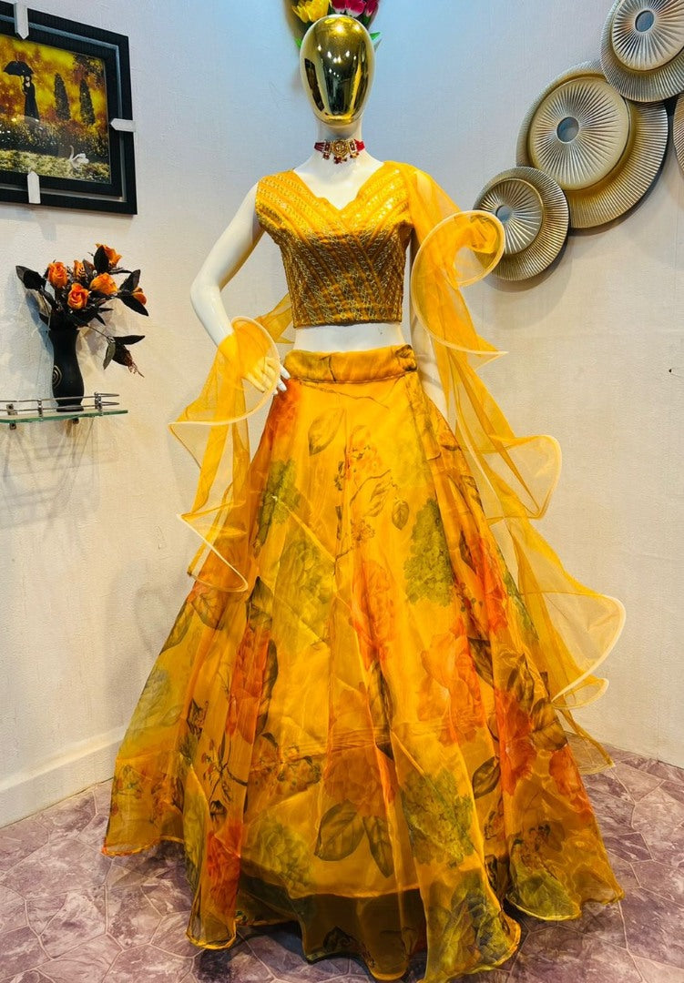 Yellow organza flower printed lehenga choli
