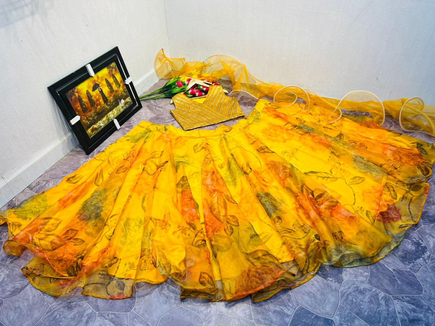 Yellow organza flower printed lehenga choli
