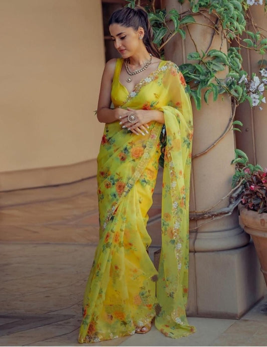 Yellow organza handworked and digital printed ceremonial saree