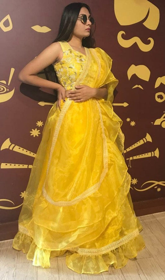 Yellow organza heavy embroidered sequence work lehenga choli