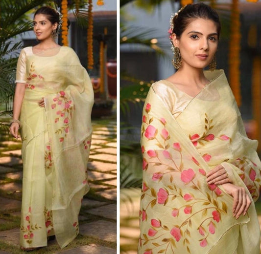 Yellow organza pink flower printed saree