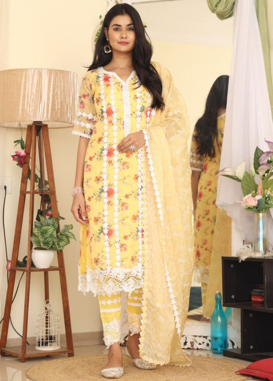 Yellow organza print and thread work pant salwar suit