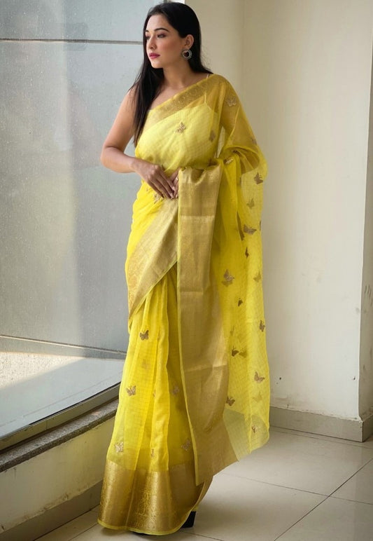 Yellow organza sequence embroidered designer party wear saree