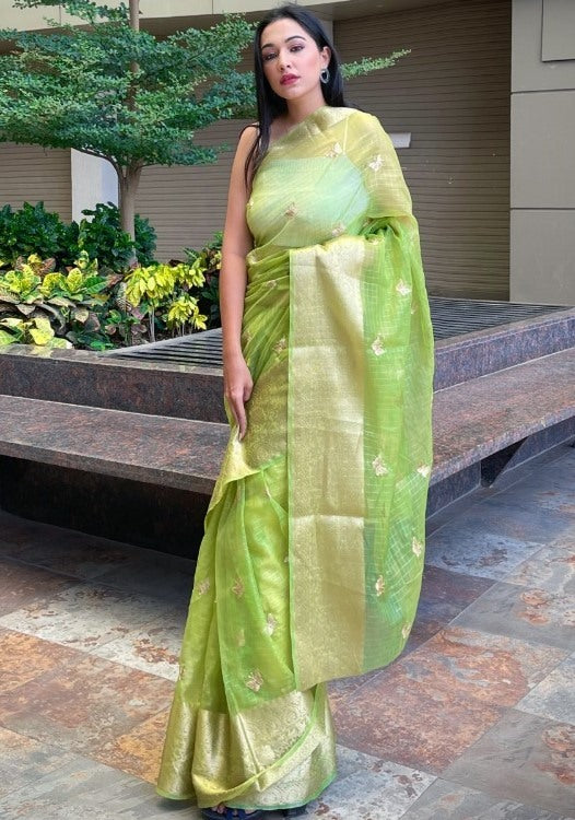 Yellow organza sequence embroidered designer party wear saree