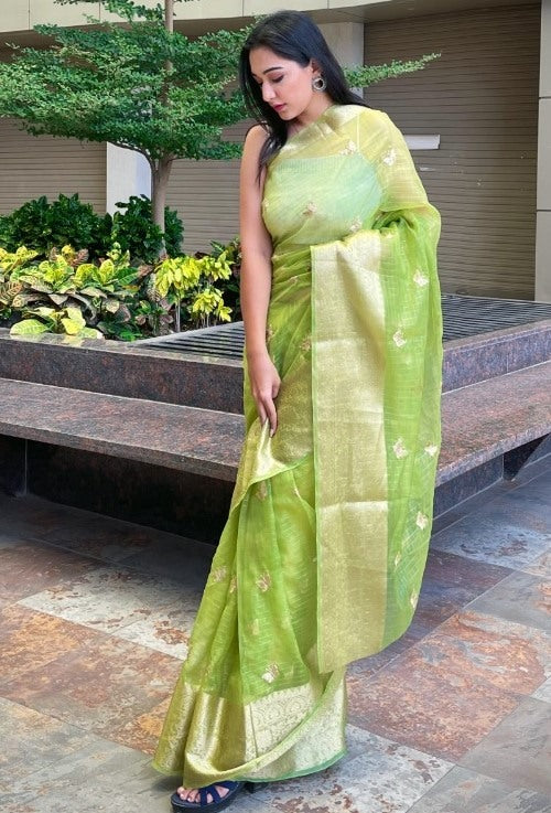 Yellow organza sequence embroidered designer party wear saree