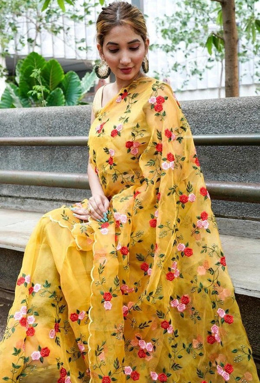 Yellow organza silk fancy hand thread work saree