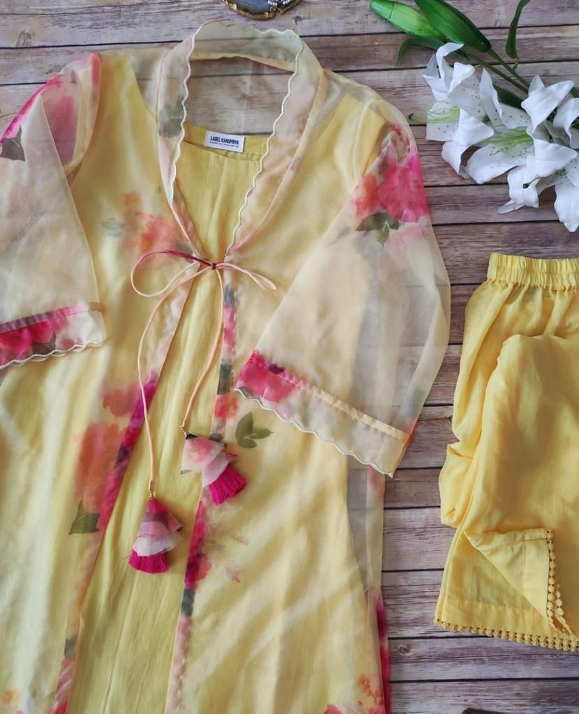 Yellow organza silk printed raksha bandhan special pant suit with shrug
