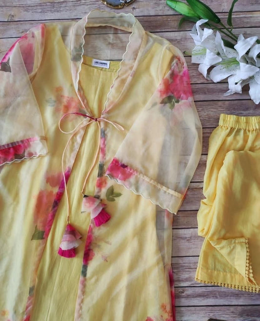 Yellow organza silk printed raksha bandhan special pant suit with shrug