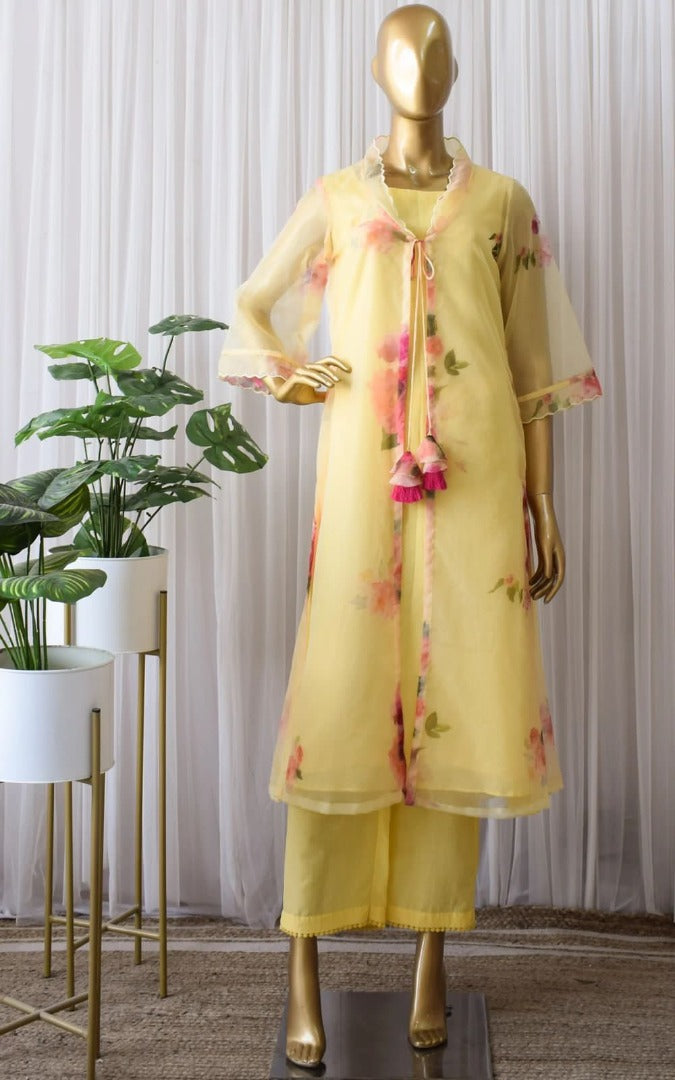 Yellow organza silk printed raksha bandhan special pant suit with shrug