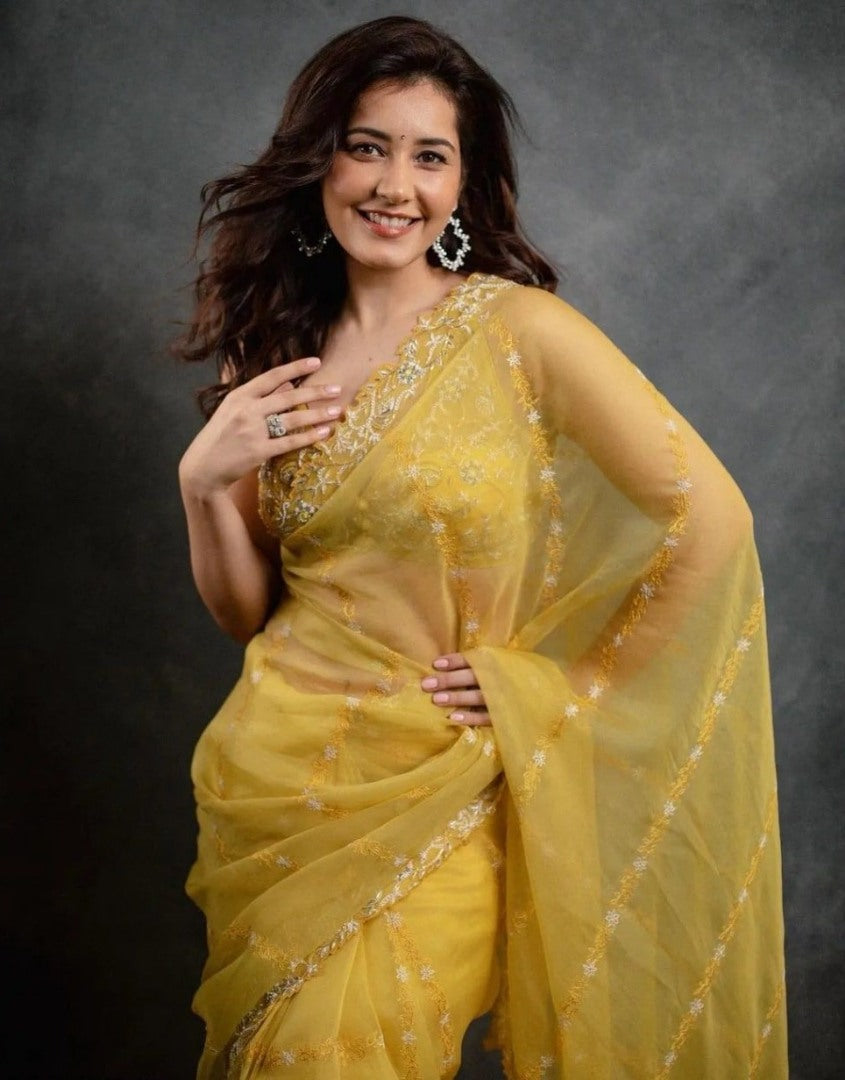 Yellow organza theread embroidered saree