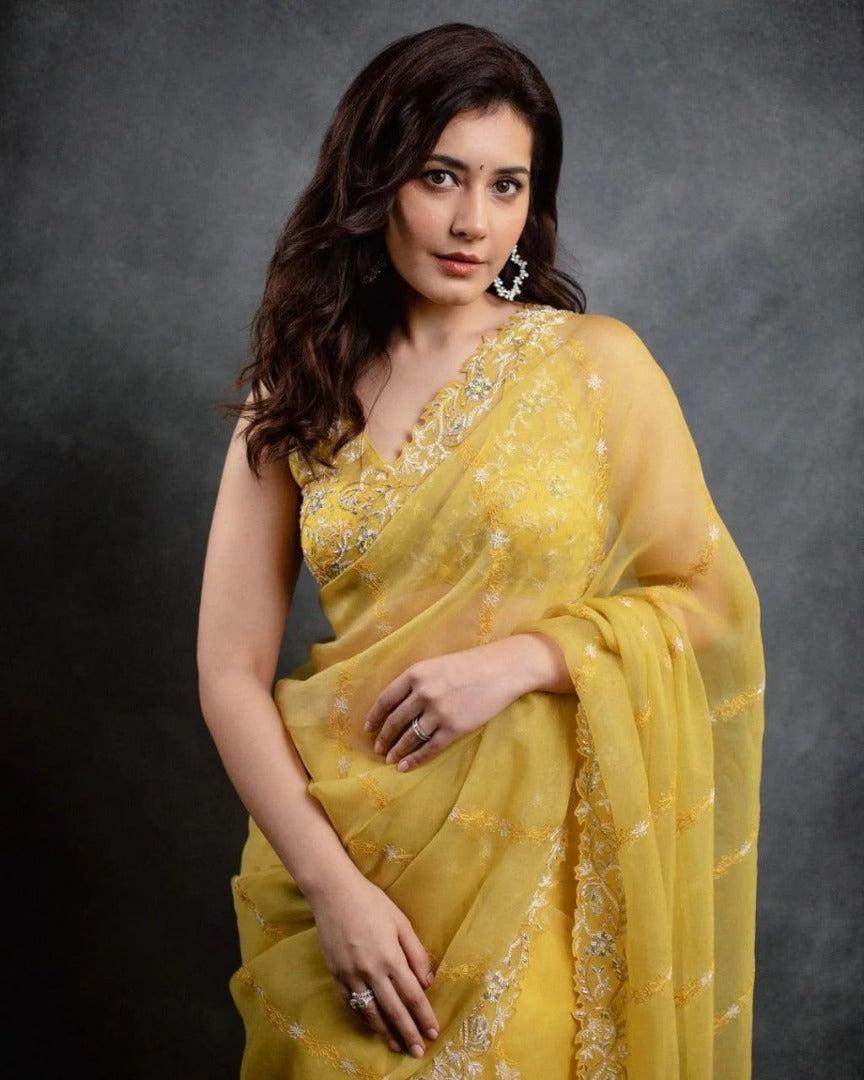 Yellow organza theread embroidered saree