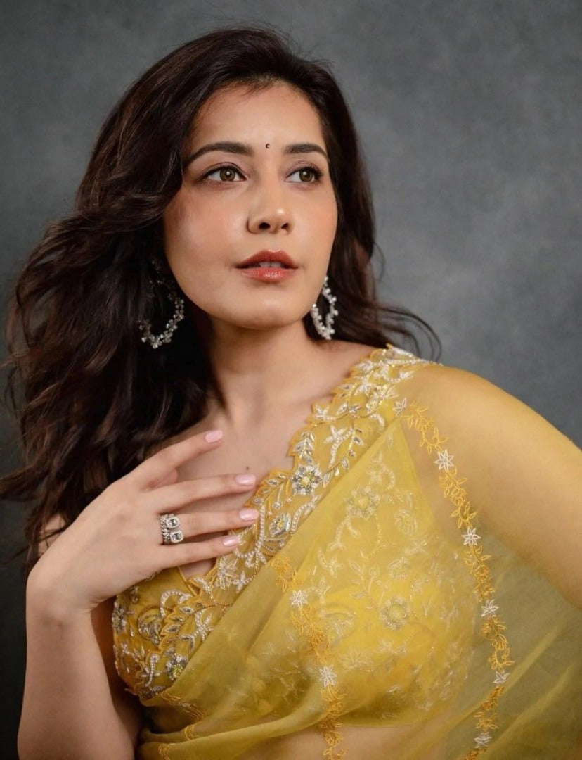 Yellow organza theread embroidered saree