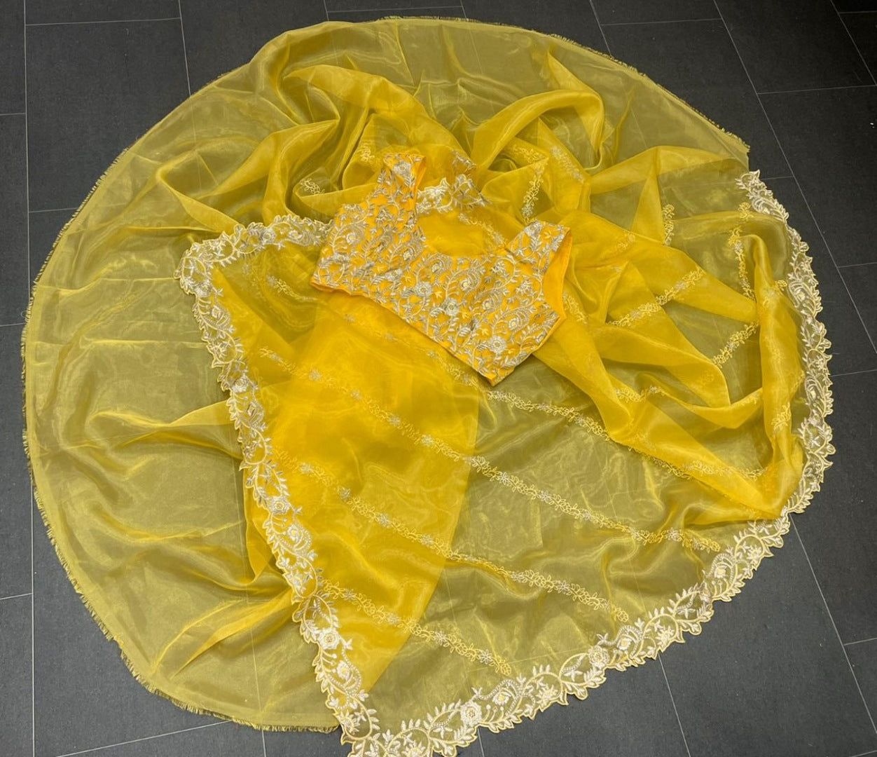 Yellow organza theread embroidered saree