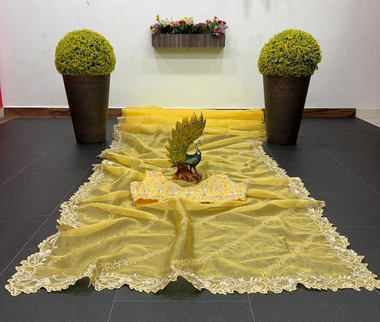 Yellow organza theread embroidered saree