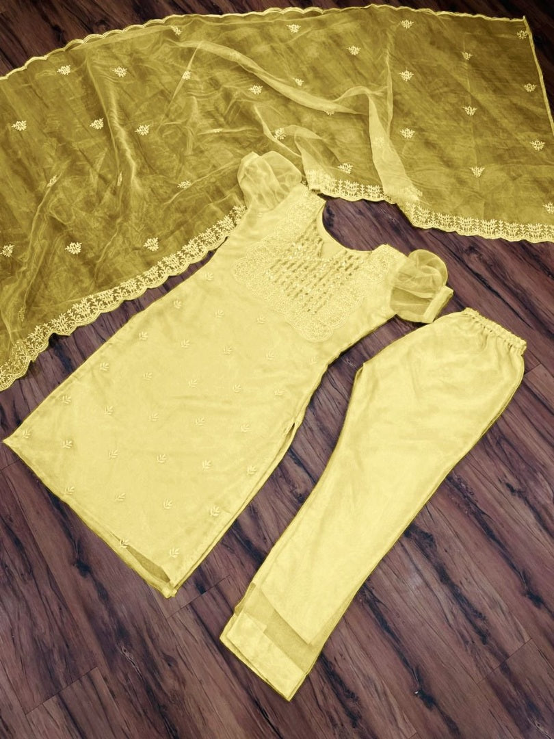 Yellow organza thread and sequence embroidered salwar suit