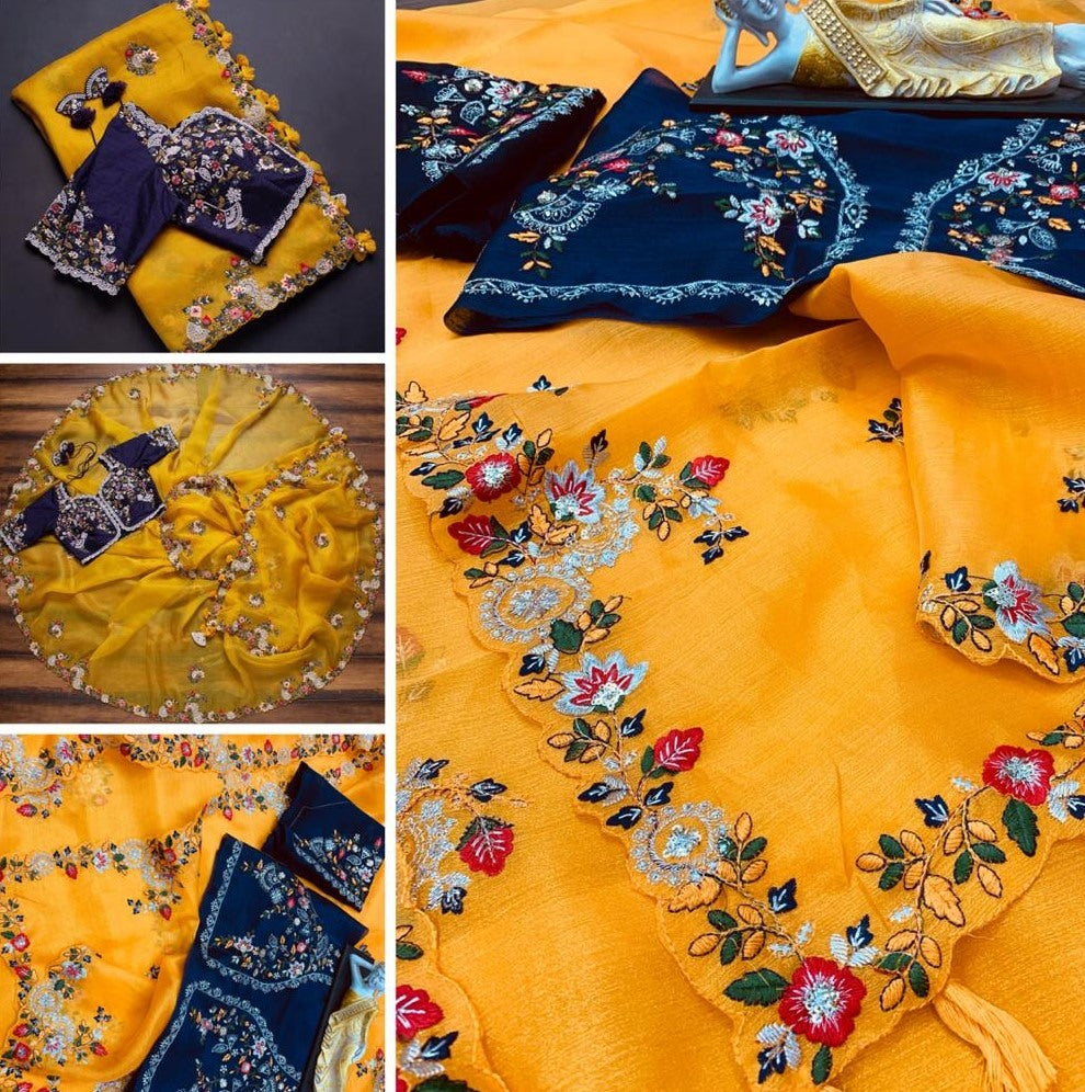 Yellow organza with sequence embroidered work saree