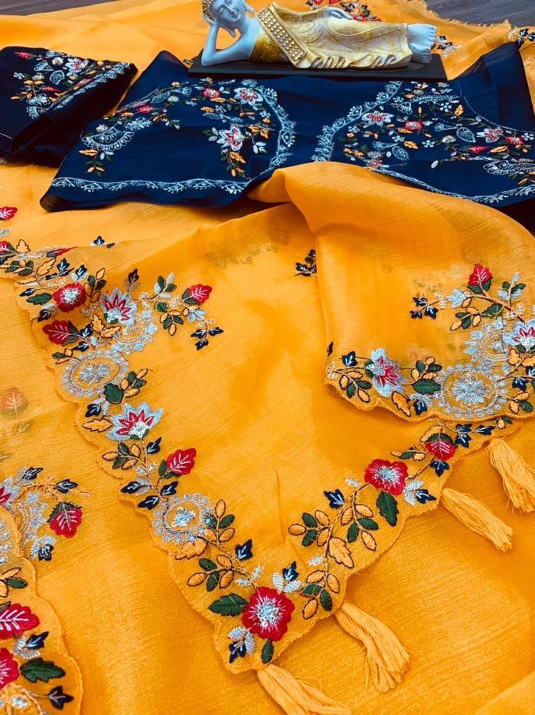 Yellow organza with sequence embroidered work saree