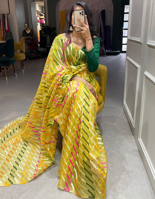 Yellow organza zari weaving work organza saree