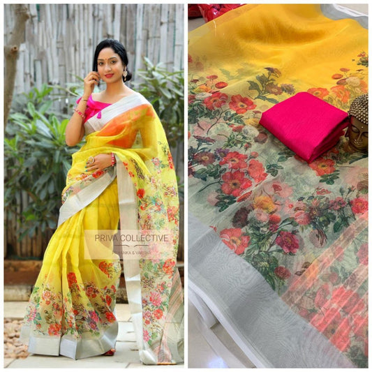 yellow orgenza floral digital printed saree
