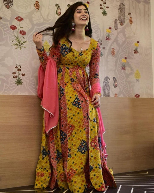 Yellow poly rayon printed long festival gown