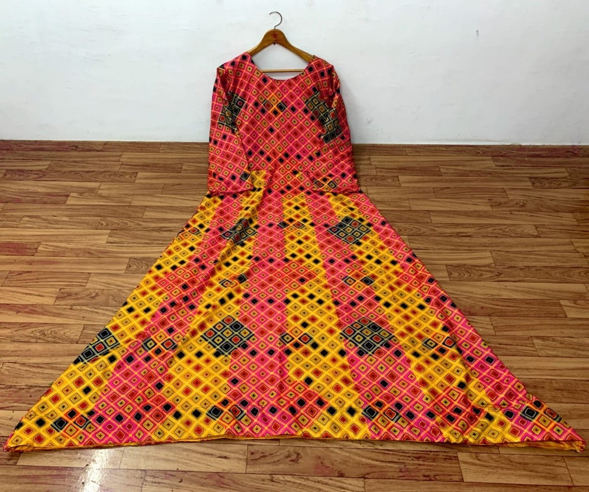 Yellow poly rayon printed long festival gown