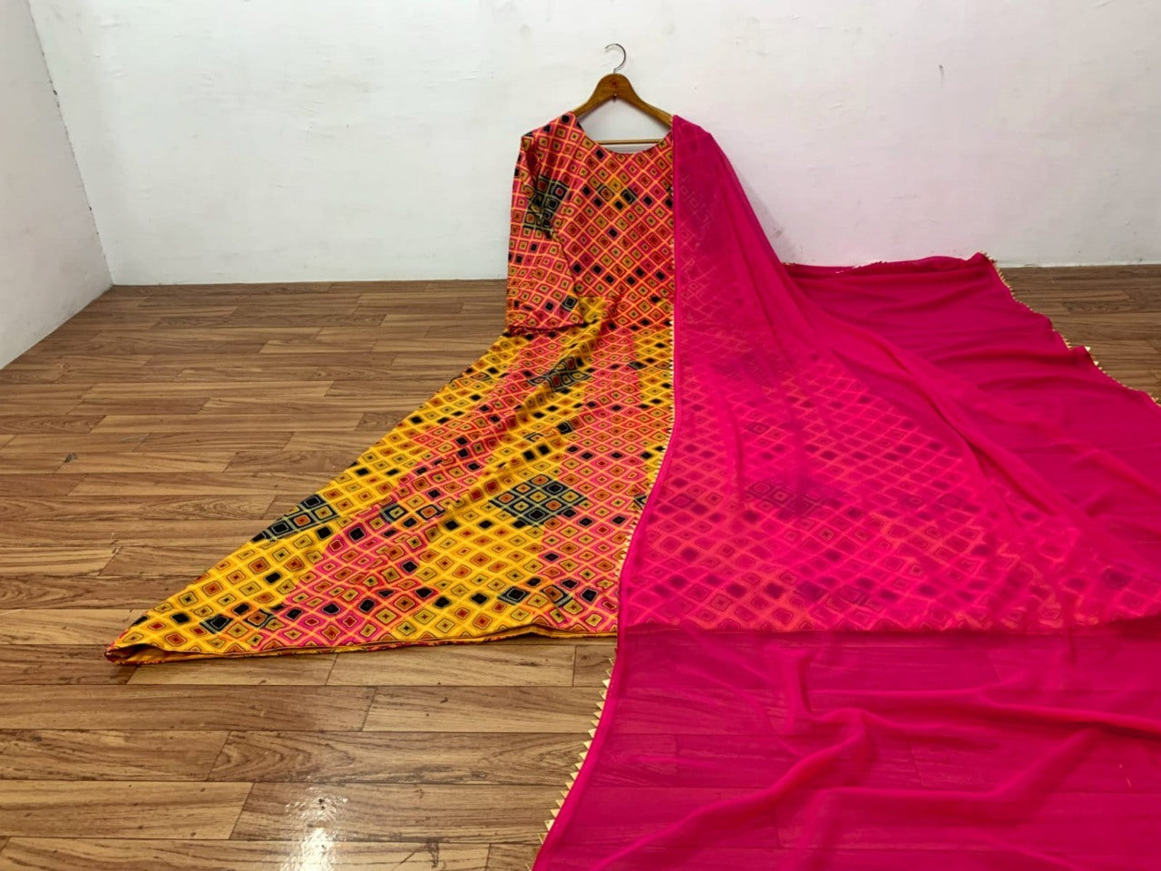 Yellow poly rayon printed long festival gown
