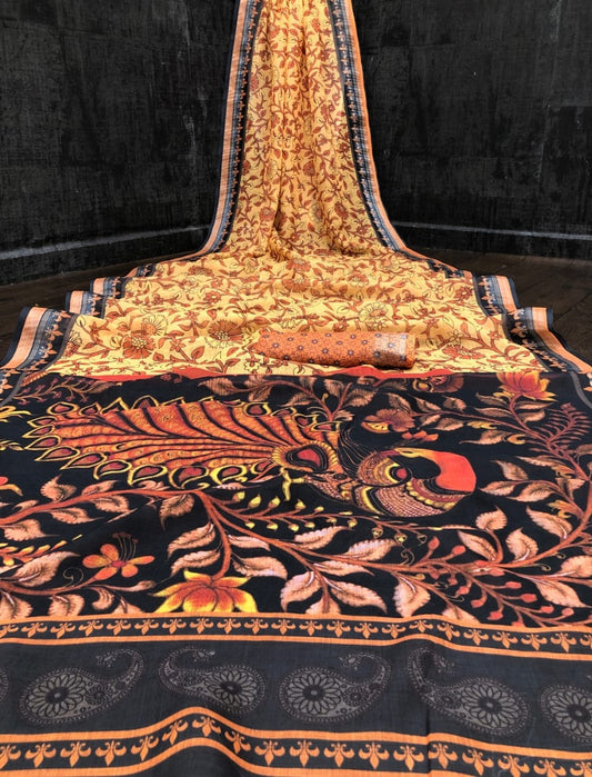 Yellow premium linen kalamkari digital printed work designer saree
