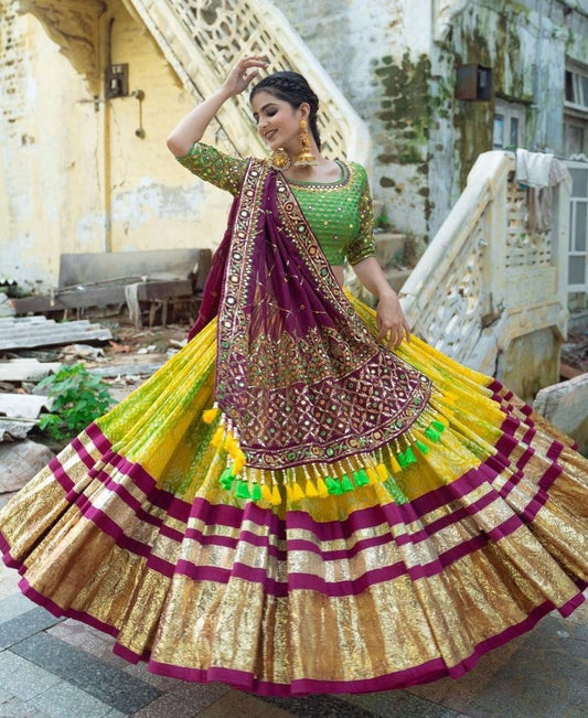 Yellow print and mirror work gujarati garba navratri lehenga chaniya choli