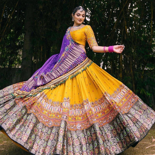 Yellow print and mirror work gujarati garba navratri lehenga chaniya choli