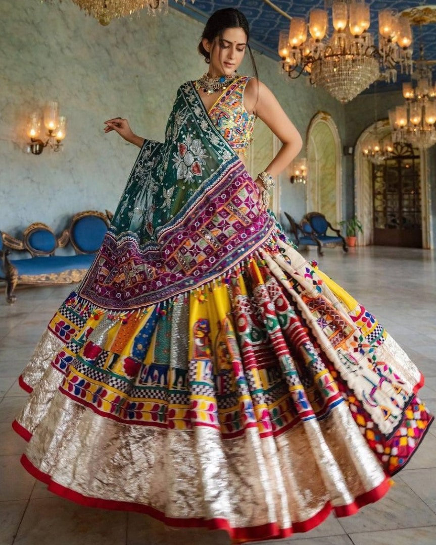 Yellow print and mirror work gujarati garba navratri lehenga chaniya choli