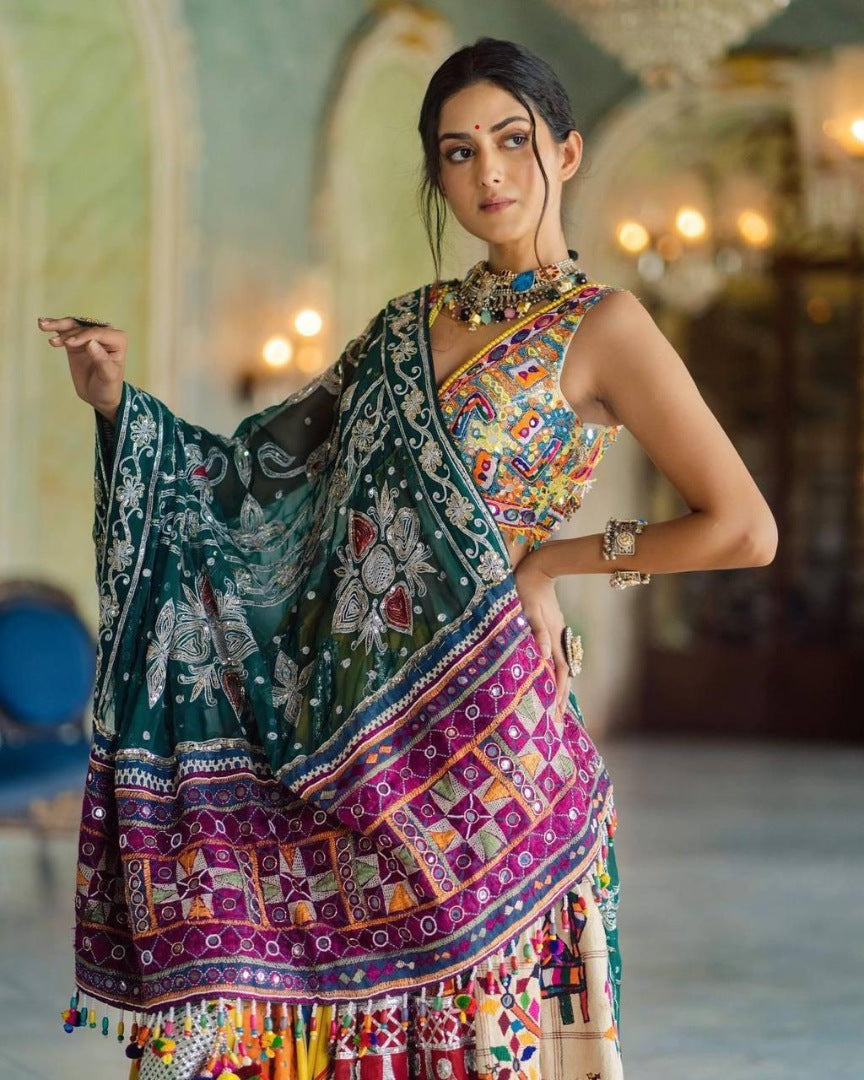 Yellow print and mirror work gujarati garba navratri lehenga chaniya choli
