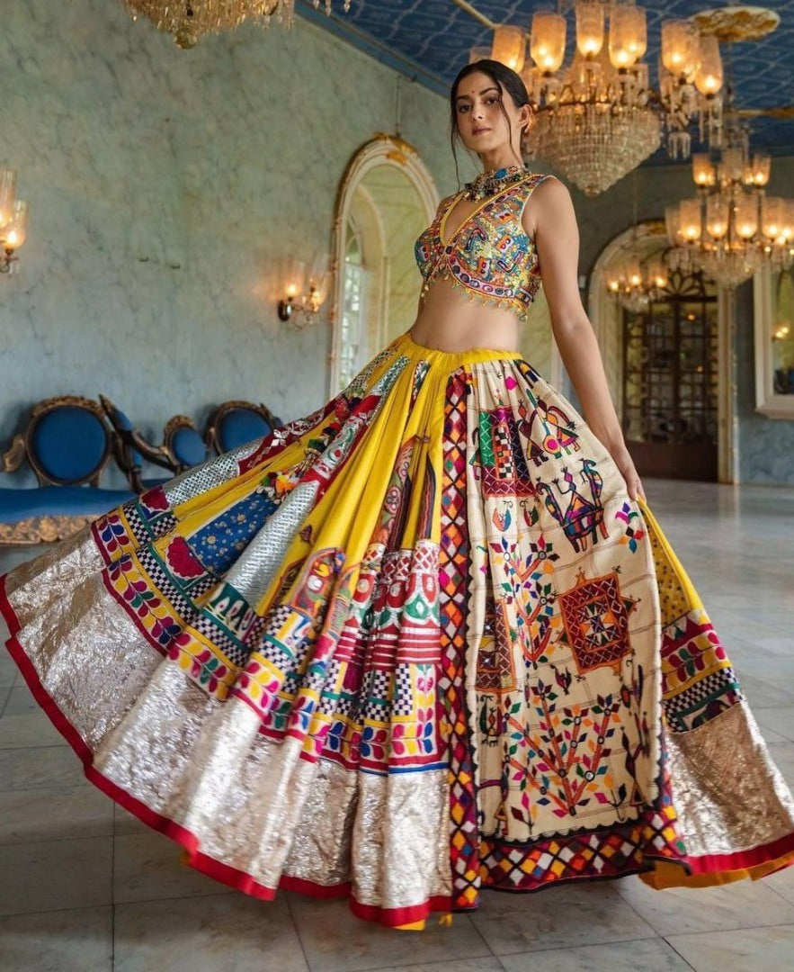 Yellow print and mirror work gujarati garba navratri lehenga chaniya choli