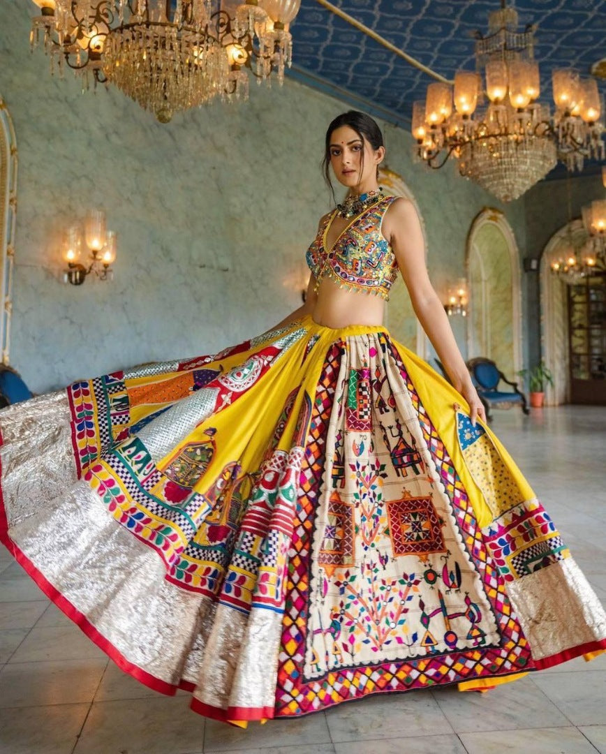 Yellow print and mirror work gujarati garba navratri lehenga chaniya choli