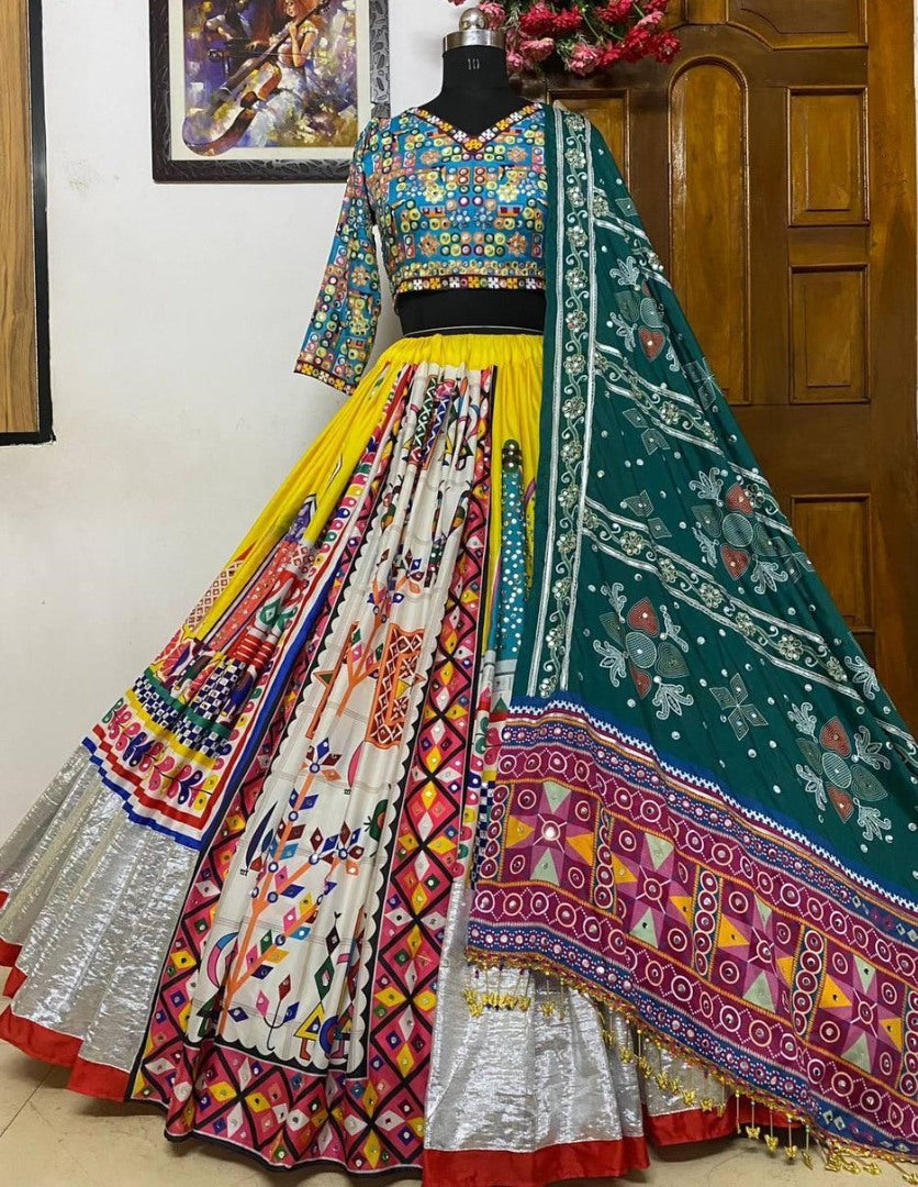 Yellow print and mirror work gujarati garba navratri lehenga chaniya choli