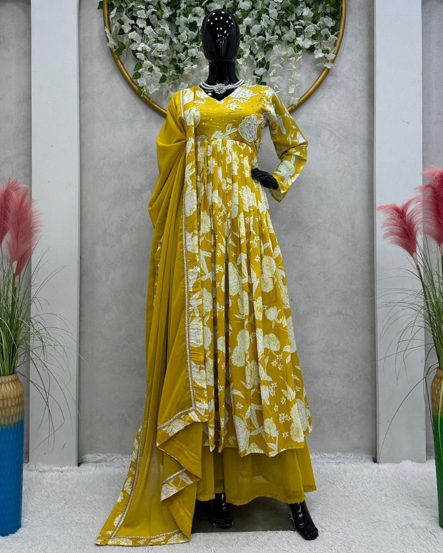 Yellow printed anarkali plazzo suit