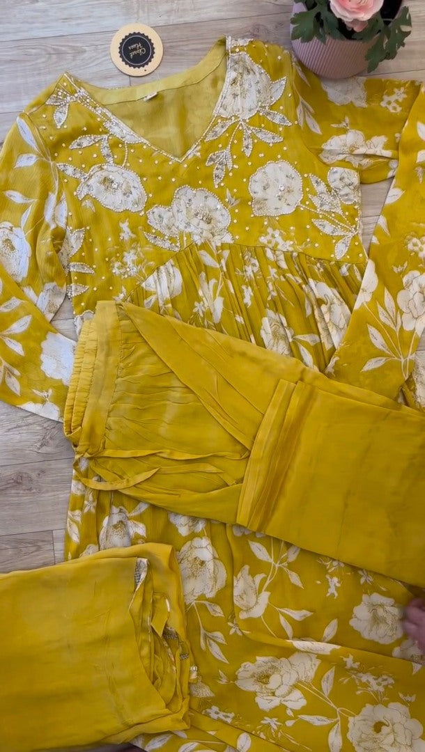 Yellow printed anarkali plazzo suit