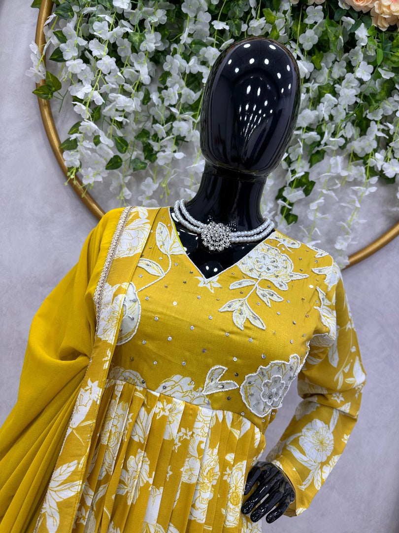 Yellow printed anarkali plazzo suit