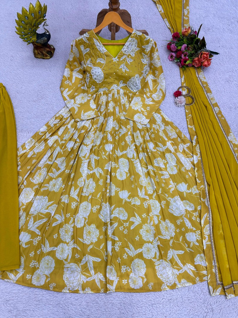 Yellow printed anarkali plazzo suit