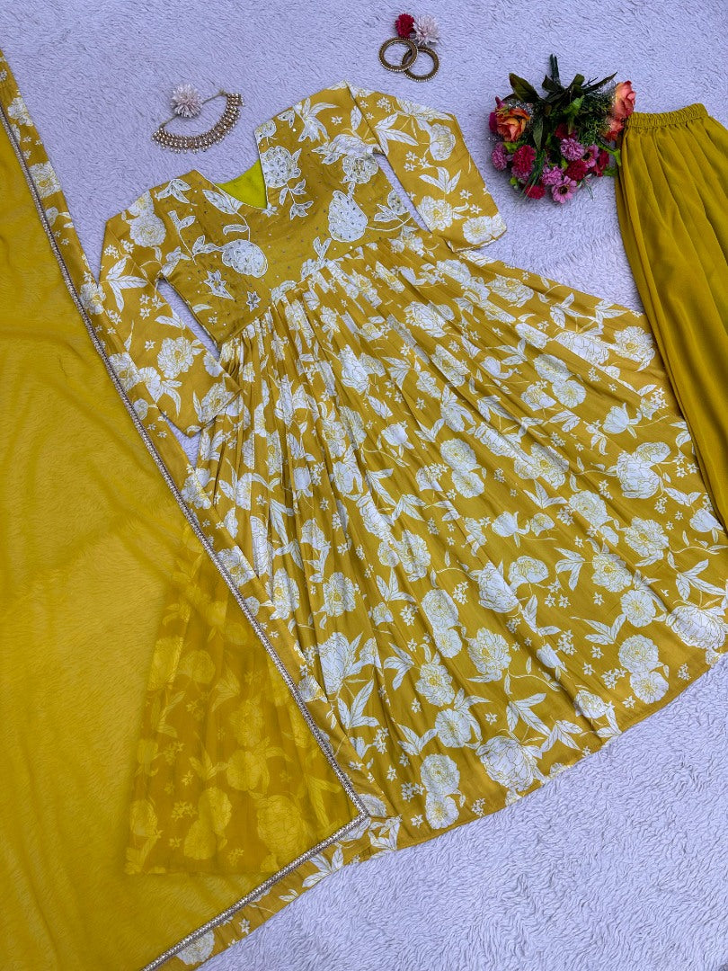 Yellow printed anarkali plazzo suit