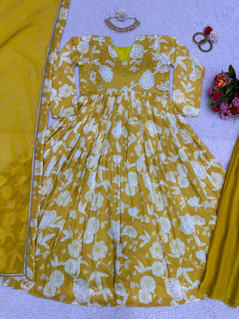 Yellow printed anarkali plazzo suit