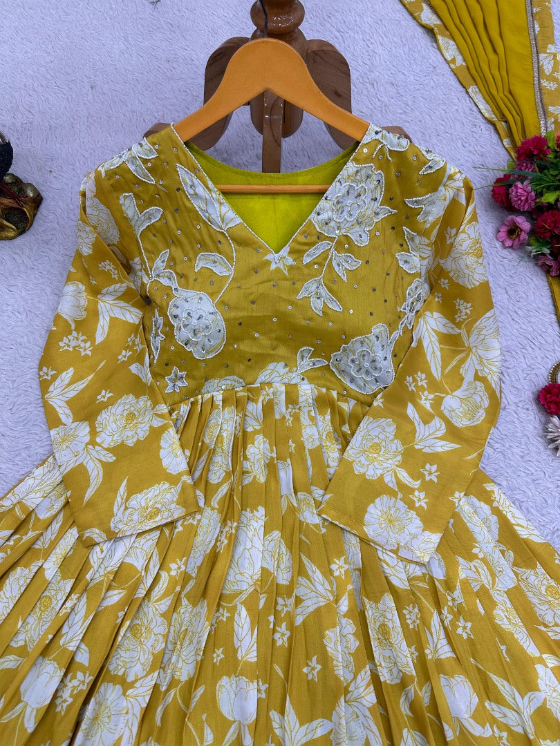 Yellow printed anarkali plazzo suit